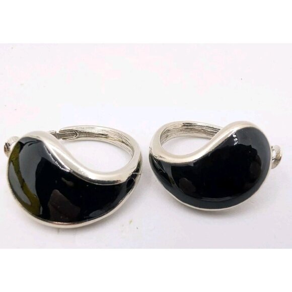 vtg Goldette Silver Tone Hoop Faux Black Onyx tear drop Modernist Abstract 1.25" - Picture 1 of 14